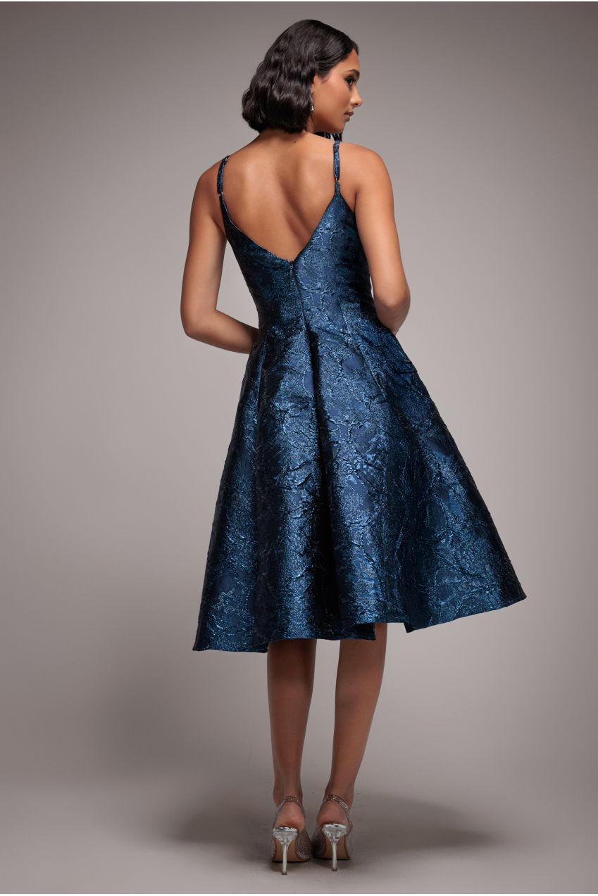 Goddiva Jacquard Sleeveless A-line Midi Dress - Navy Blue