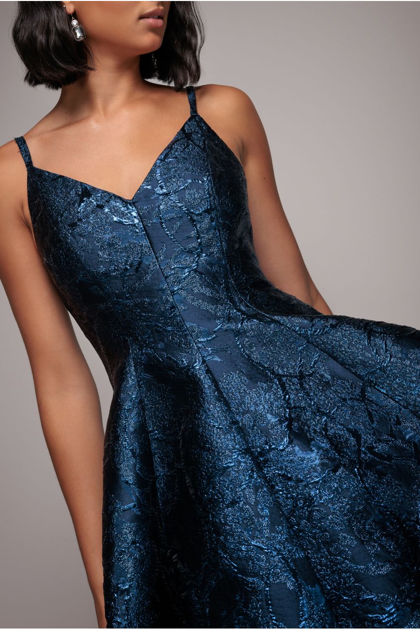 Goddiva Jacquard Sleeveless A-line Midi Dress - Navy Blue