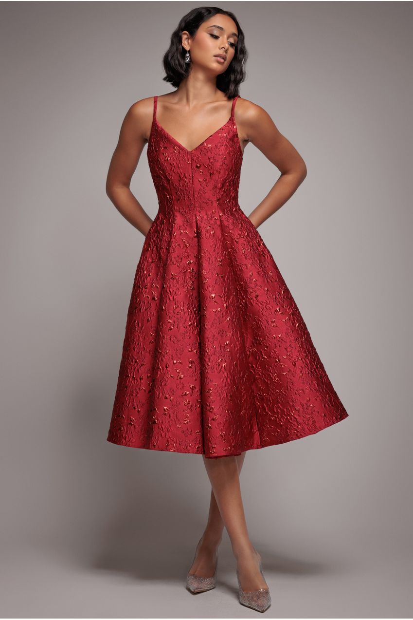 Goddiva Jacquard Sleeveless A-line Midi Dress - Red