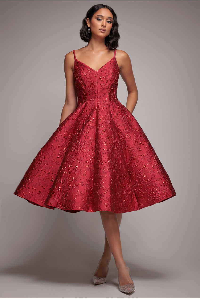 Goddiva Jacquard Sleeveless A-line Midi Dress - Red