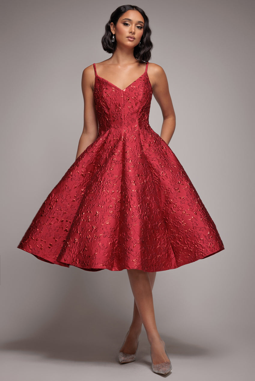 Goddiva Jacquard Sleeveless A-line Midi Dress - Red