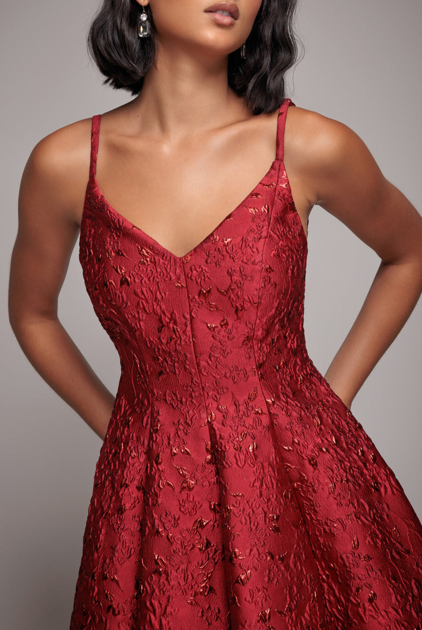 Goddiva Jacquard Sleeveless A-line Midi Dress - Red