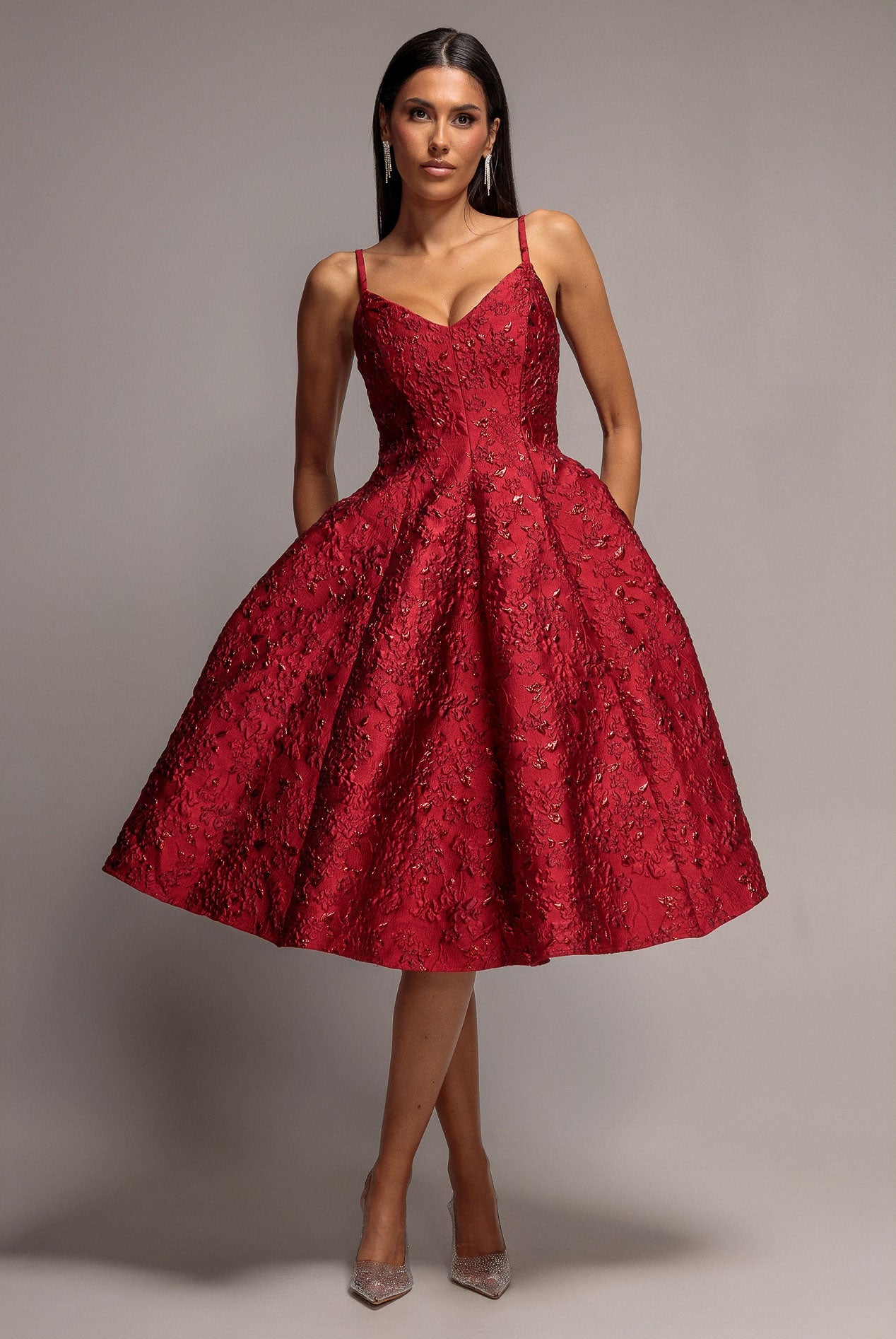 Goddiva Jacquard Sleeveless A-line Midi Dress - Red