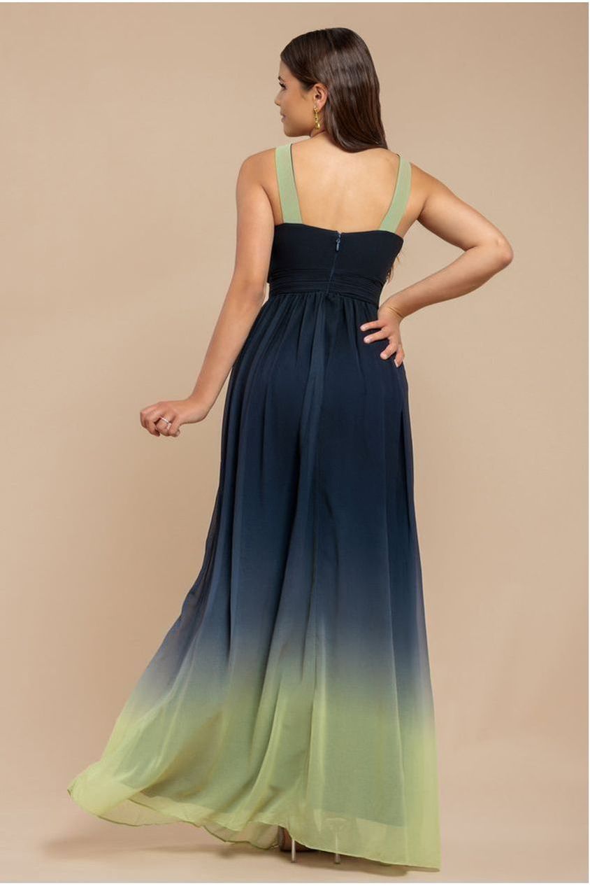 Goddiva Ombre Cross Front Pleated Maxi Dress - Lime Ombre