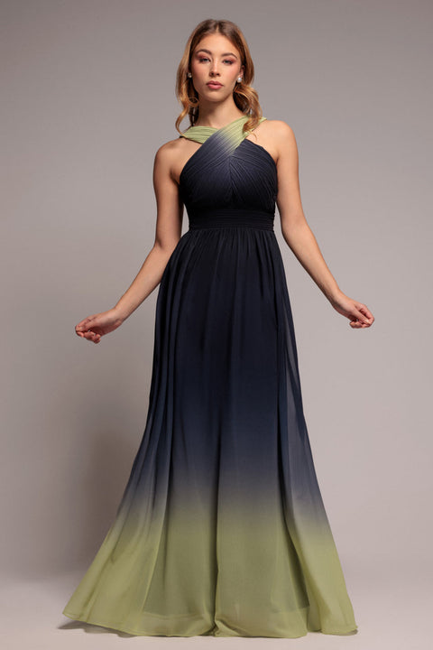 Goddiva Ombre Cross Front Pleated Maxi Dress - Lime Ombre