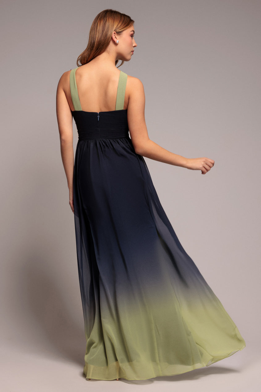 Goddiva Ombre Cross Front Pleated Maxi Dress - Lime Ombre