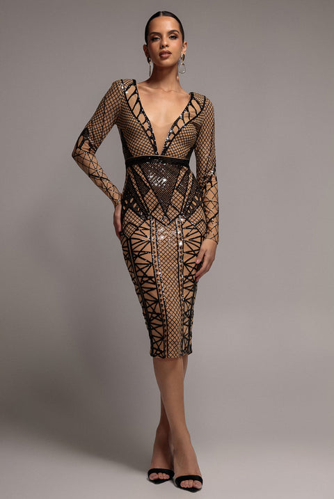 Goddiva Geometric Sequin Plunge Midi - Black