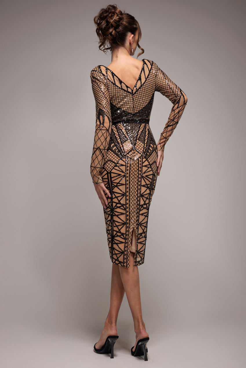 Goddiva Geometric Sequin Plunge Midi - Black