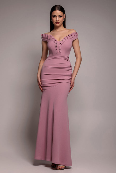Goddiva Off The Shoulder Frill Gathered Maxi Dress - Rose Pink