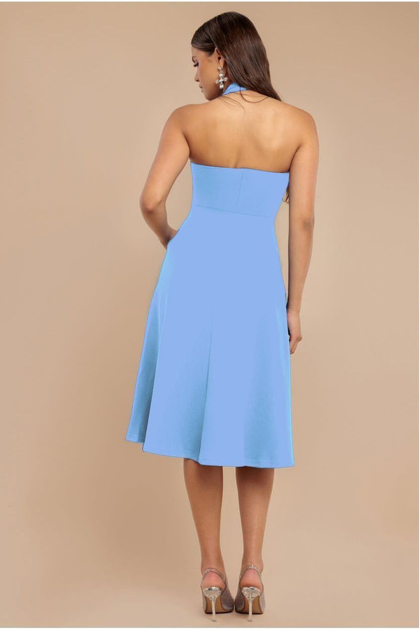 Goddiva Frilled Halter Neck Strap Midi Dress - Cornflower Blue