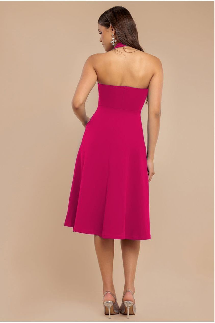 Goddiva Frilled Halter Neck Strap Midi Dress - Magenta