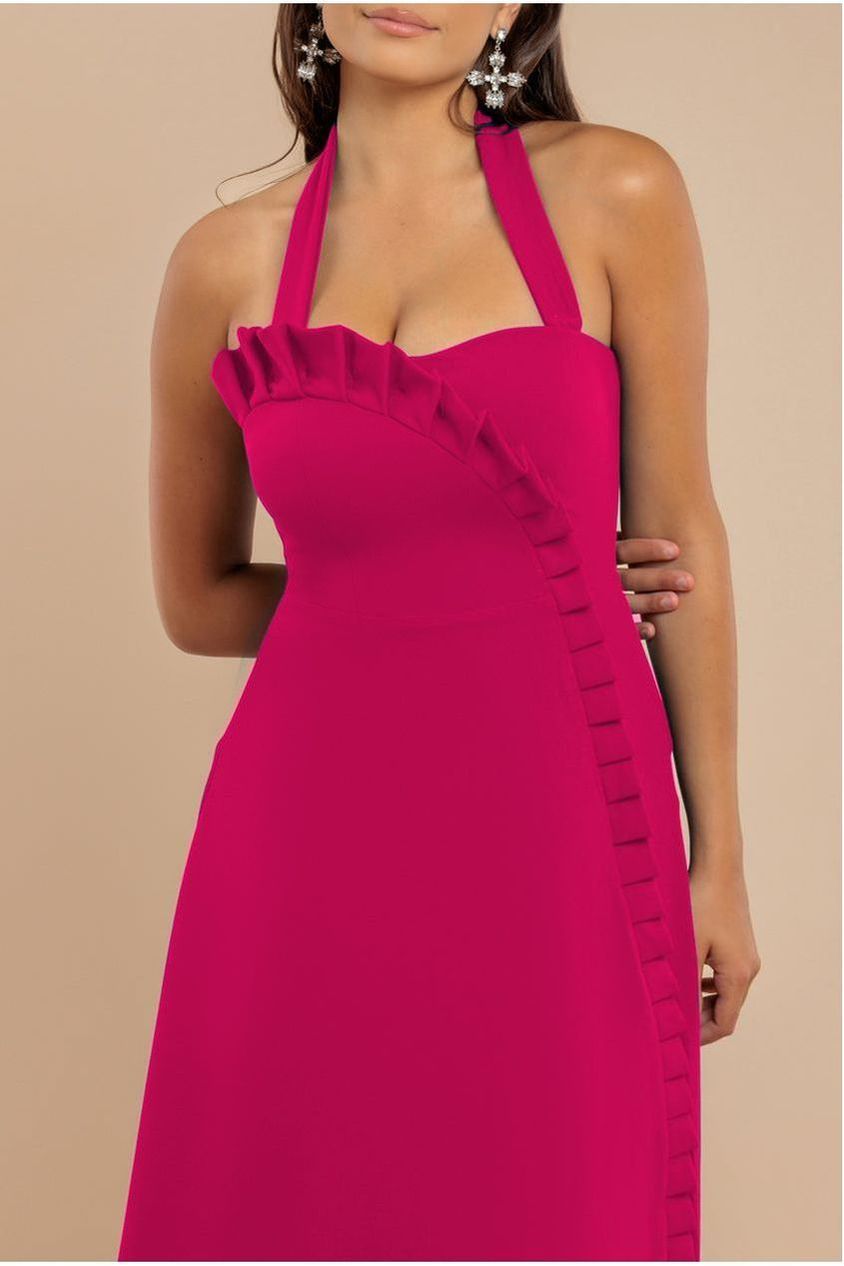 Goddiva Frilled Halter Neck Strap Midi Dress - Magenta