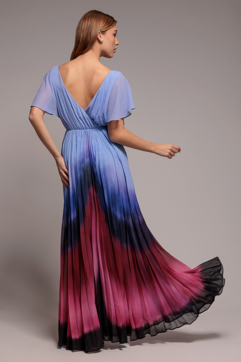 Goddiva Wavy Ombre A-Line Chiffon Maxi Dress - Blue