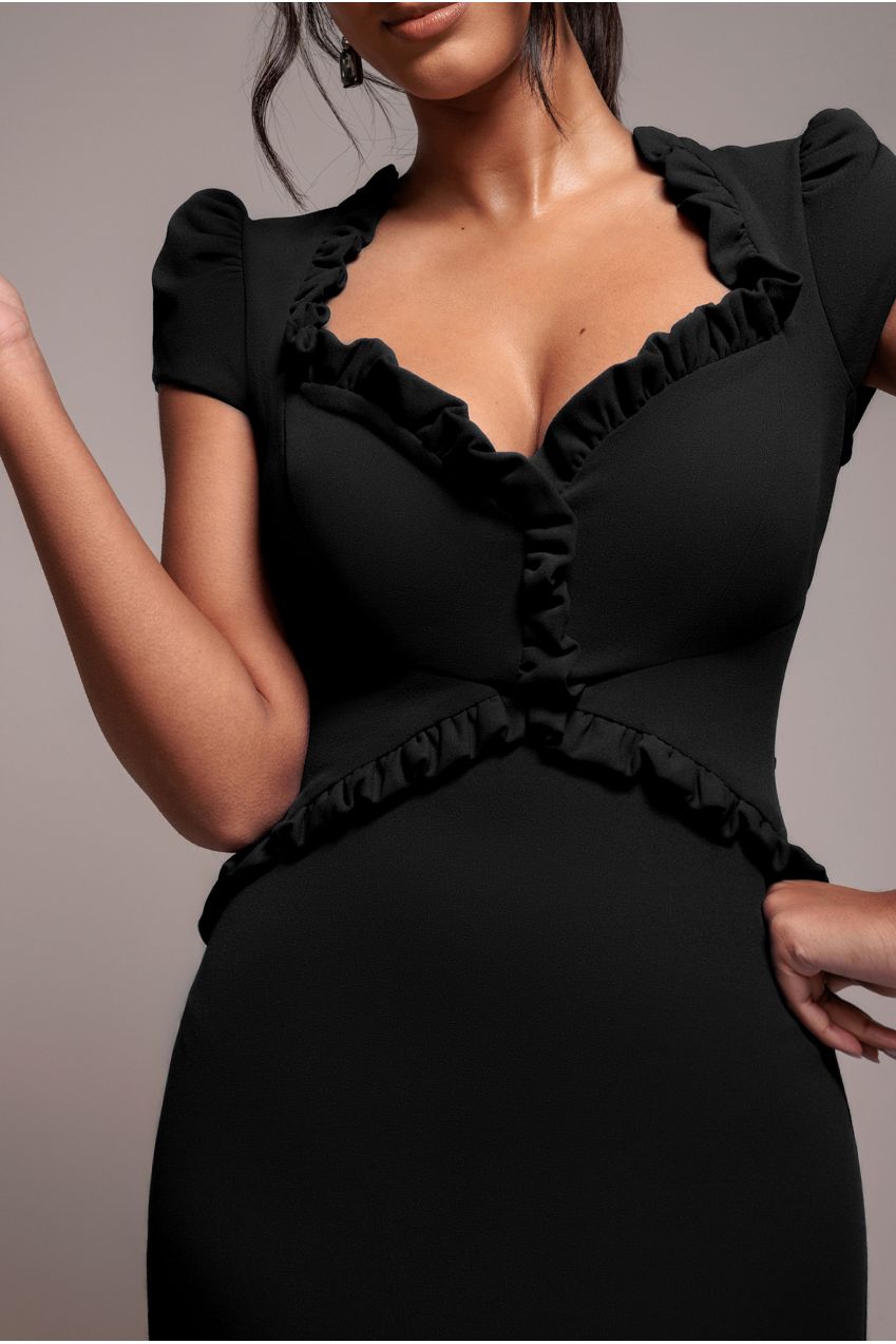 Goddiva Cap Sleeve Frill Edge Midi Dress - Black
