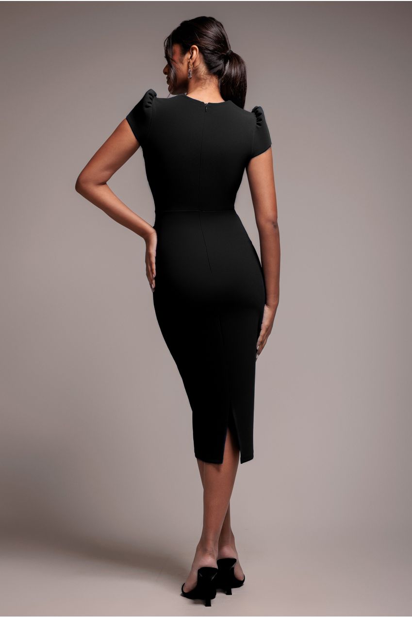 Goddiva Cap Sleeve Frill Edge Midi Dress - Black