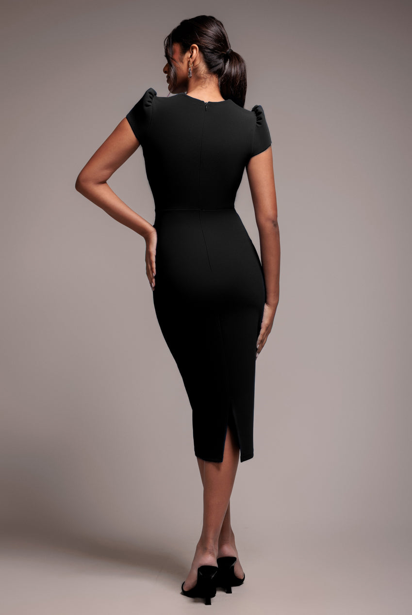 Goddiva Cap Sleeve Frill Edge Midi Dress - Black