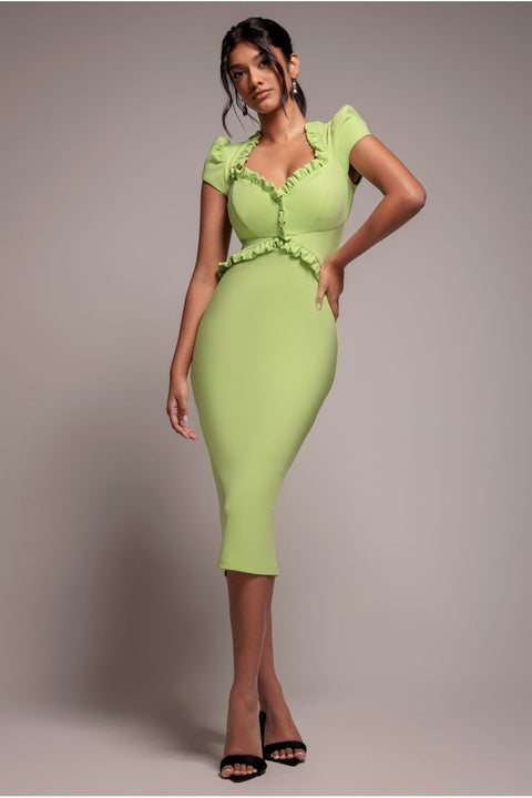 Goddiva Cap Sleeve Frill Edge Midi Dress - Lime Green