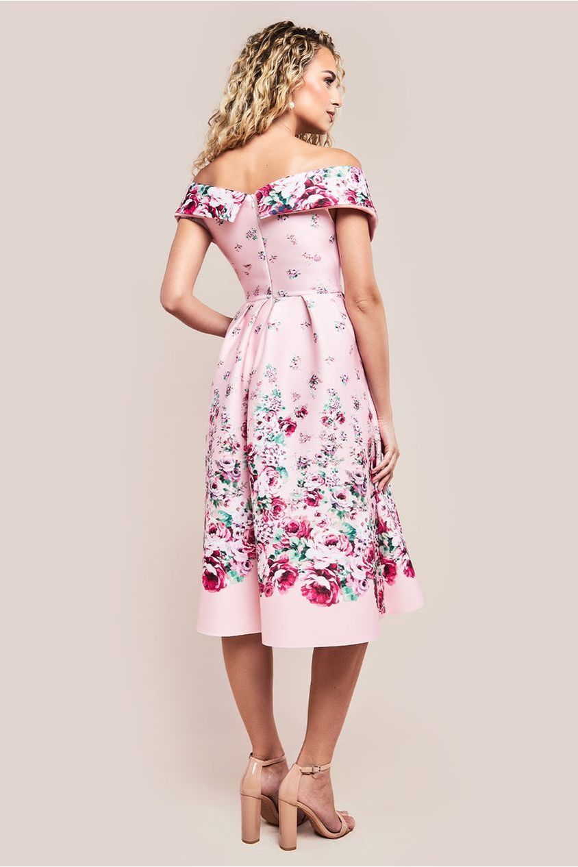 Goddiva Bardot Floral Print A-Line Scuba Foam Midi Dress - Blush