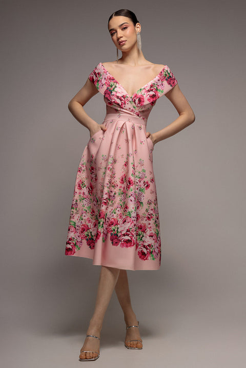 Goddiva Bardot Floral Print A-Line Scuba Foam Midi Dress - Blush