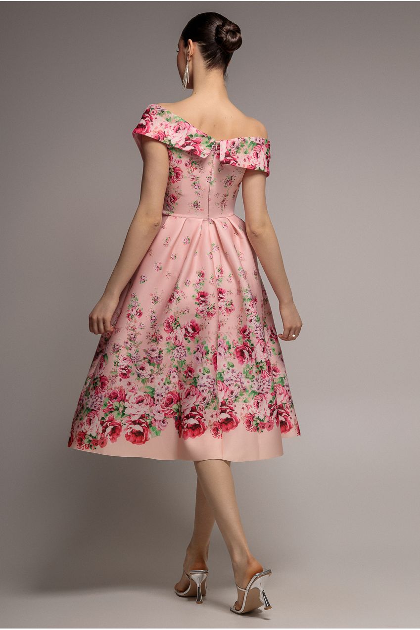 Goddiva Bardot Floral Print A-Line Scuba Foam Midi Dress - Blush
