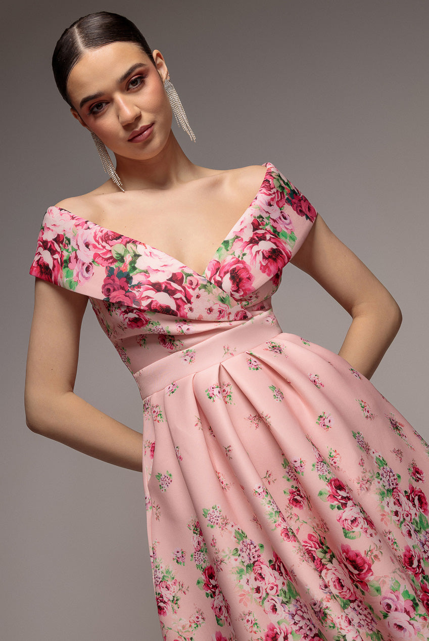 Goddiva Bardot Floral Print A-Line Scuba Foam Midi Dress - Blush