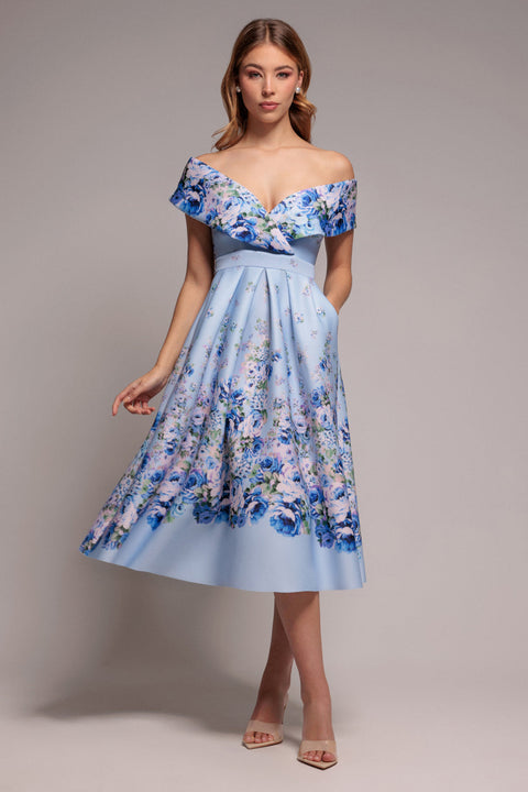 Goddiva Bardot Floral Print A-Line Scuba Foam Midi Dress - Blue
