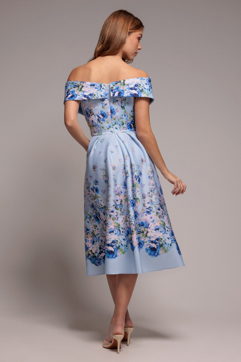 Goddiva Bardot Floral Print A-Line Scuba Foam Midi Dress - Blue