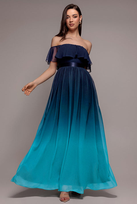 Goddiva Ombre Chiffon Bardot Frill A-line Maxi Dress - Navy Ombre