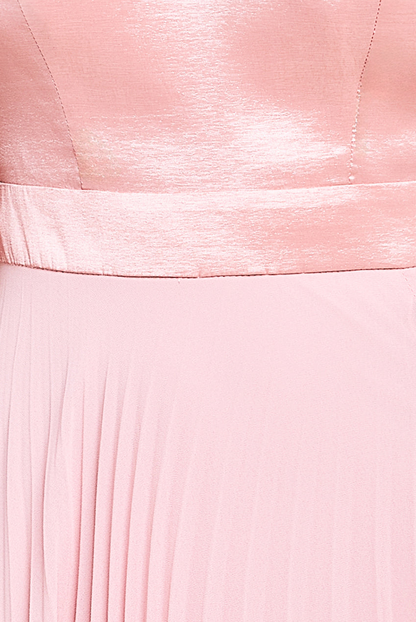 Goddiva Pleated Chiffon Corsage Halter Strappy Maxi Dress - Pink