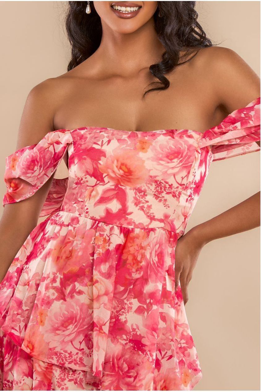 Goddiva Bardot Asymmetric Handkerchief Tier Midaxi - Blush