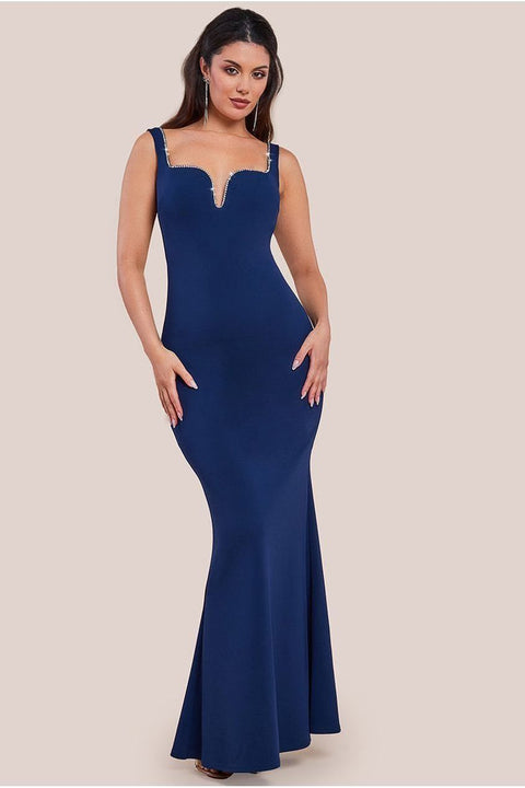 Goddiva Embellished Diamante Trim Square Neck Scuba Maxi Dress - Navy