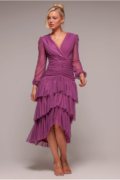 Goddiva Gathered High & Low Tiered Midaxi Dress - Berry