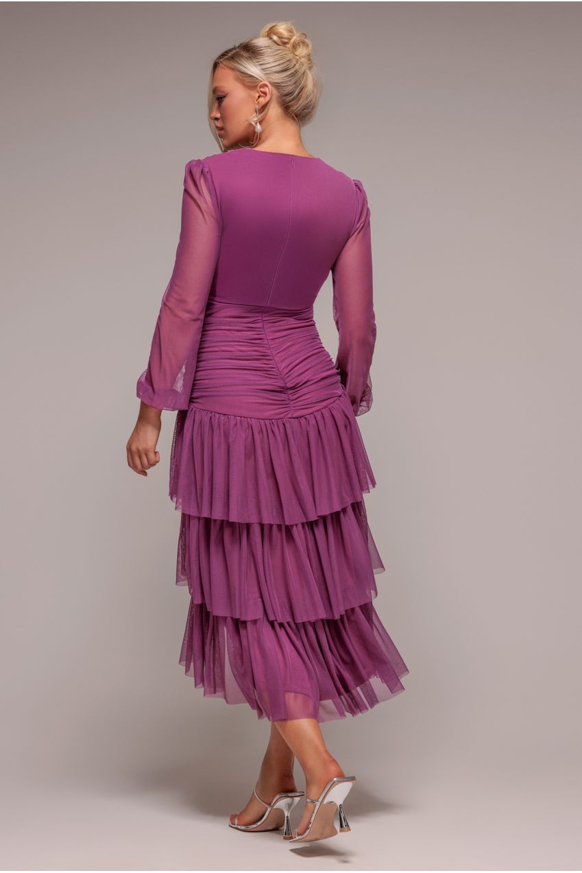 Goddiva Gathered High & Low Tiered Midaxi Dress - Berry
