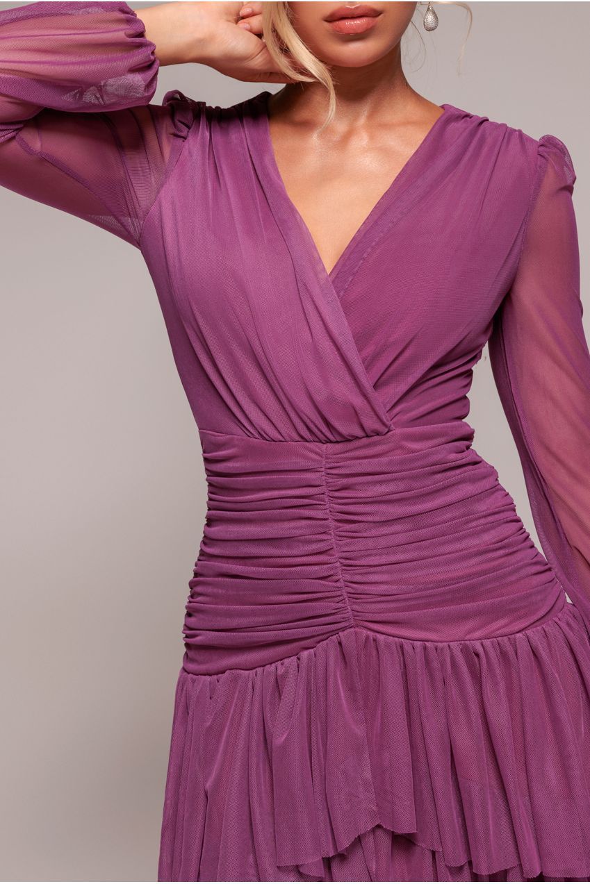 Goddiva Gathered High & Low Tiered Midaxi Dress - Berry