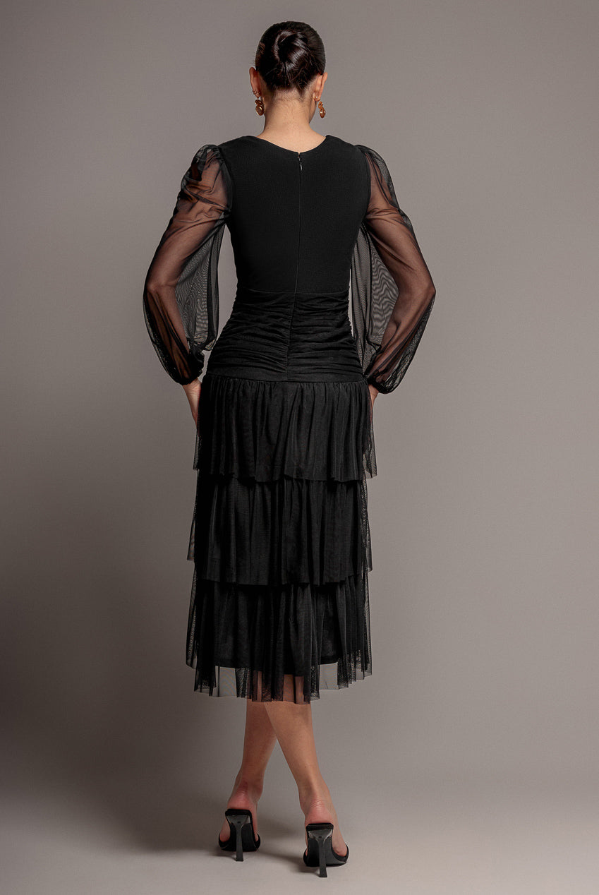 Goddiva Gathered High & Low Tiered Midi Dress - Black