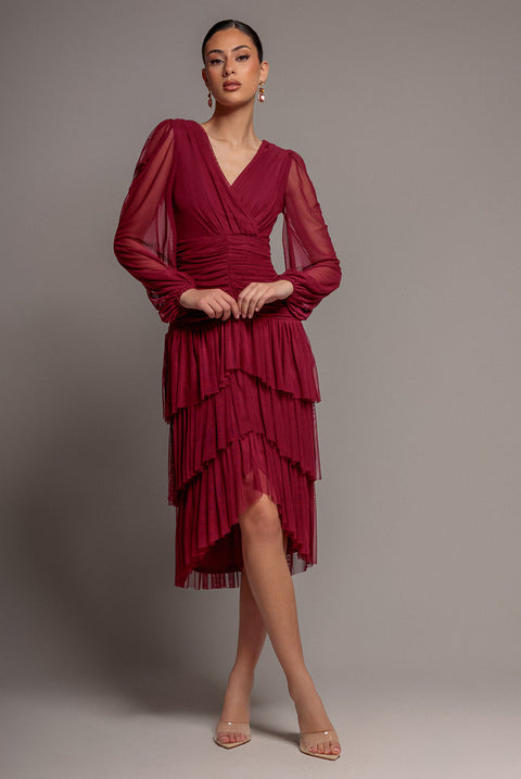 Goddiva Gathered High & Low Tiered Midi Dress - Magenta