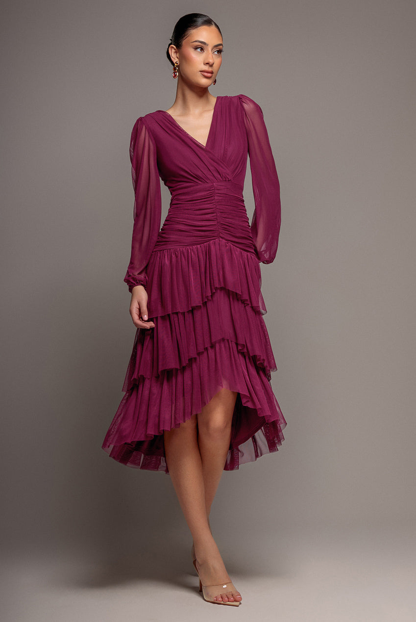 Goddiva Gathered High & Low Tiered Midi Dress - Magenta