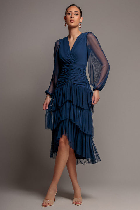 Goddiva Gathered High & Low Tiered Midi Dress - Navy Blue
