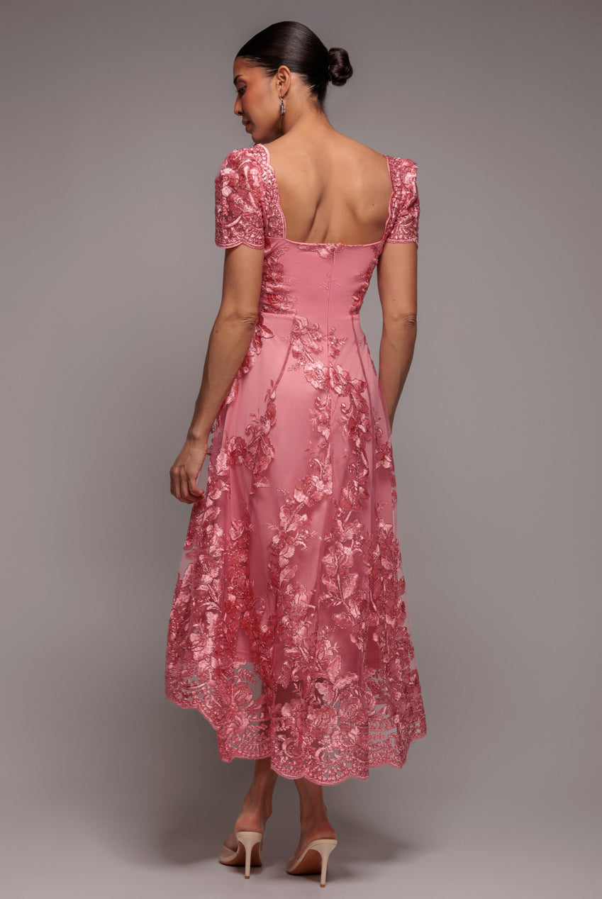 Goddiva Scalloped Neck Embroidered Lace High Low Midi Dress - Coral