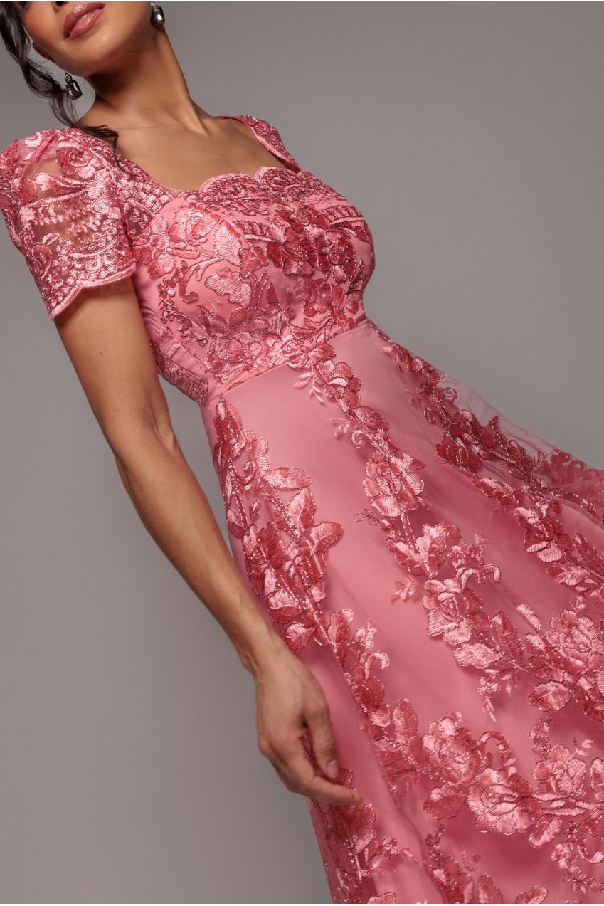 Goddiva Scalloped Neck Embroidered Lace High Low Midi Dress - Coral