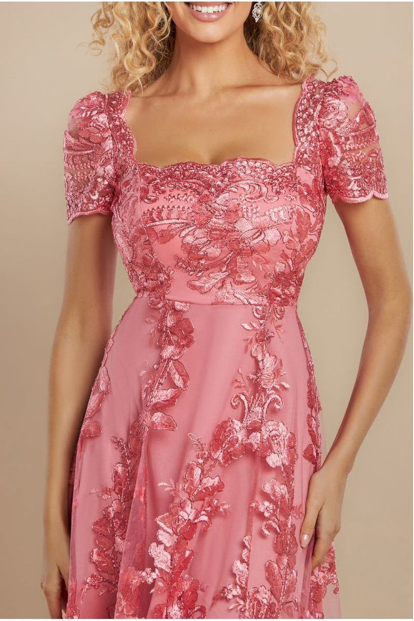 Goddiva Scalloped Neck Embroidered Lace High Low Midi Dress - Coral