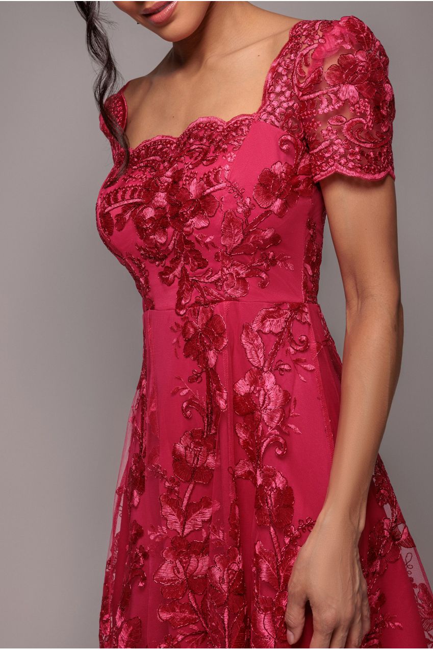 Goddiva Scalloped Neck Embroidered Lace High Low Midi Dress - Magenta