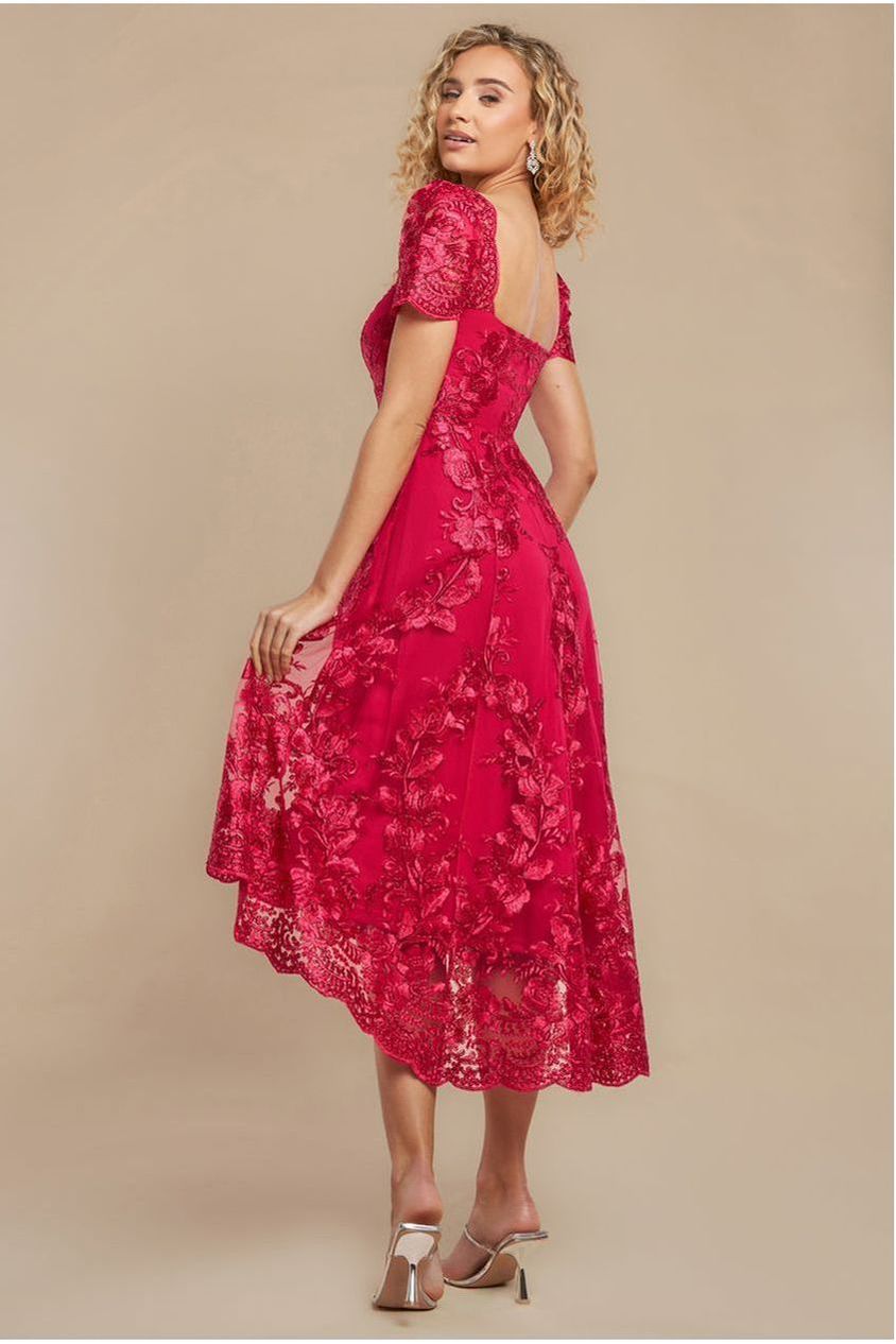 Goddiva Scalloped Neck Embroidered Lace High Low Midi Dress - Magenta