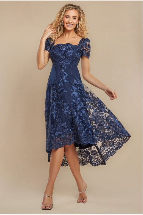 Goddiva Scalloped Neck Embroidered Lace High Low Midi Dress - Navy Blue