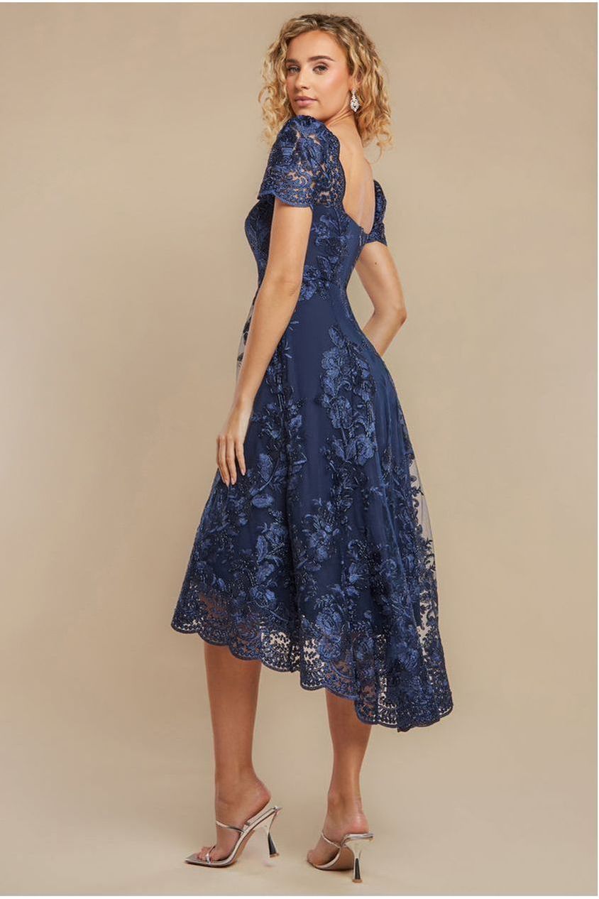 Goddiva Scalloped Neck Embroidered Lace High Low Midi Dress - Navy Blue