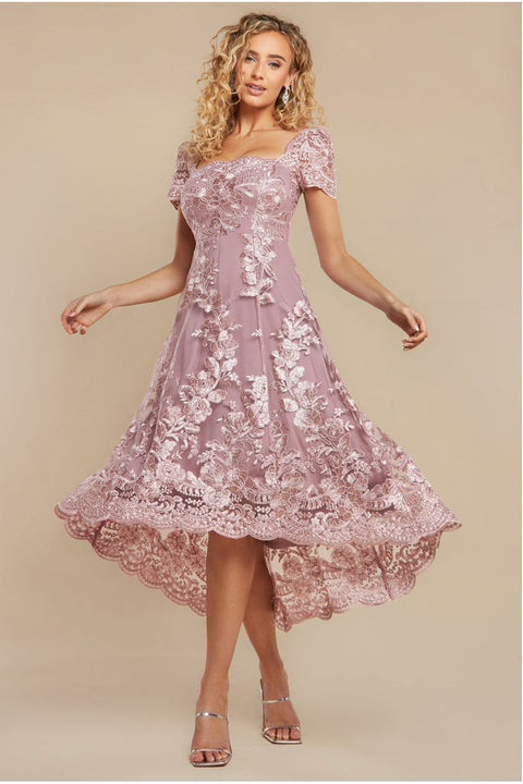 Goddiva Scalloped Neck Embroidered Lace High Low Midi Dress - Pink