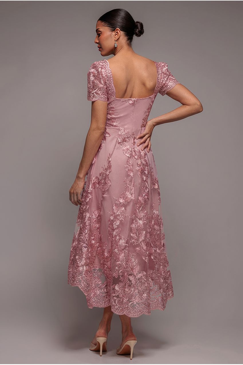 Goddiva Scalloped Neck Embroidered Lace High Low Midi Dress - Pink