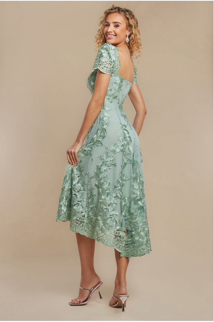 Goddiva Scalloped Neck Embroidered Lace High Low Midi Dress - Sage Green
