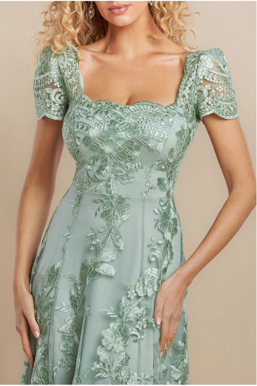 Goddiva Scalloped Neck Embroidered Lace High Low Midi Dress - Sage Green