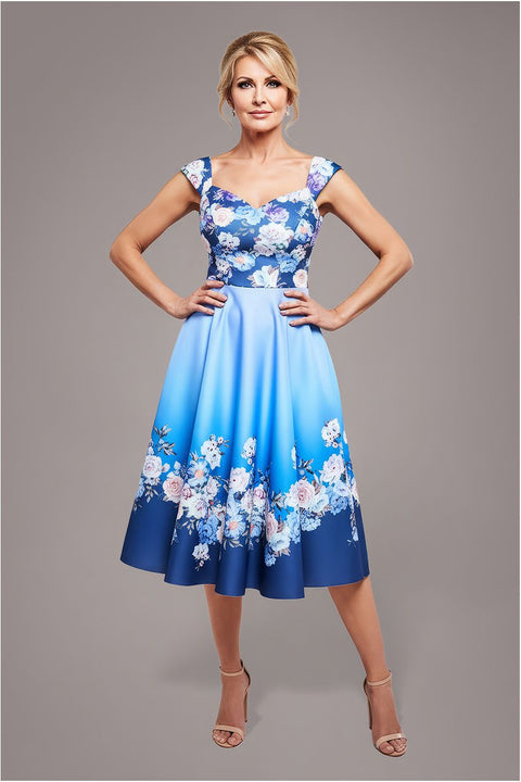 Goddiva Floral Printed Scuba Foam Skater Dress - Blue
